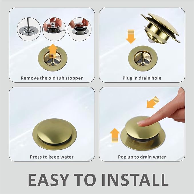 Brushed Gold Bath Tub Drain Stoppers,Wellup Universal Pop Up Bathtub Drain Stopper Replacement Tip Toe, Lift and Turn for Bathtub,EZ Bath tub Plug Conversion Kit Assembly (Gold Brushed)