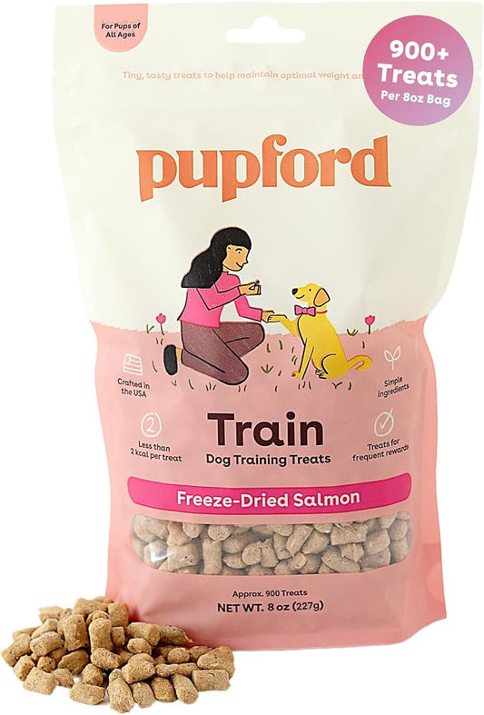 Pupford Freeze Dried Training Treats for Dogs & Puppies (Salmon, 8 oz) | 900+ treats per bag, Ultra low-calorie, Only 2 ingredients, All breed sizes, Mess free and bite sized, Trainer recommended