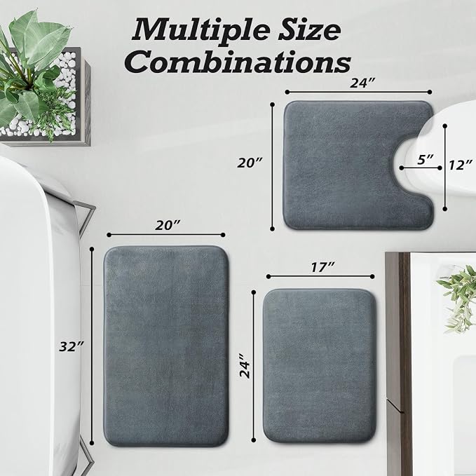 Bathroom Rugs Sets 3 Piece, Non-Slip & Quick Dry Bath Mat Set, Ultra Soft Velvet Bath Rugs for Bathroom, Toilet and Shower Floor, Grey