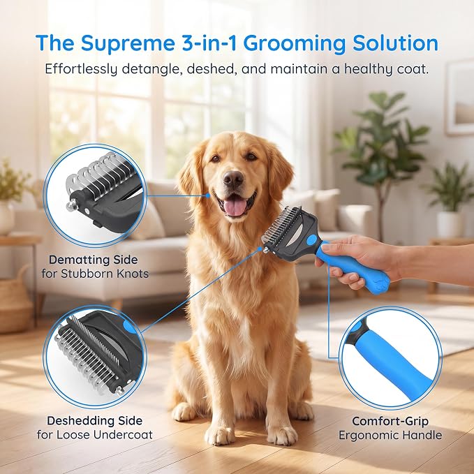 Deshedding Dog Brush，3-in-1 Undercoat Rake for Dogs，Pet Pro Grooming Tool – Ultimate Dematting Comb & Deshedding Brush for Cats and Dogs, Perfect for Shedding & Detangling (Blue)