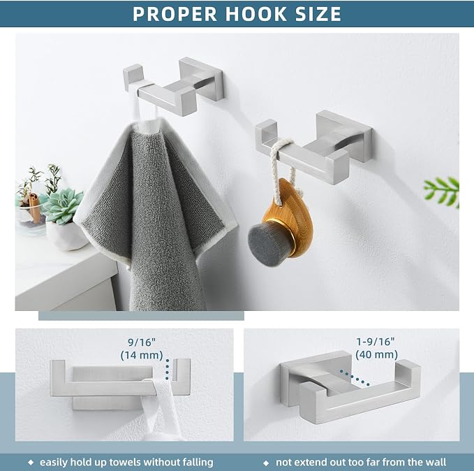 Angle Simple Bathroom Double Hook 2 PCS, SUS304 Stainless Steel Hand Towel Holder, Bath Towel Hanger, Modern Robe Hook for Wall, Brushed Nickel