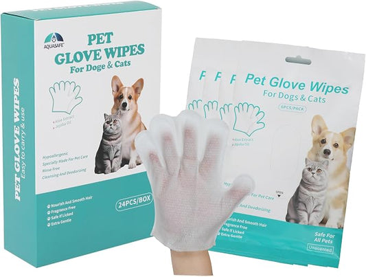 Pet Glove Wipes - No-Rinse Dog Grooming Wipes & Cat Bath Gloves | Unscented Hypoallergenic Dog Wipes, [24] Ct