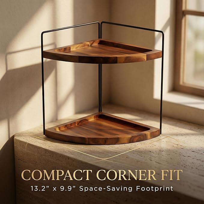 Demigo 2-Tier Corner Bathroom Organizer, Acacia Wood Countertop Shelf | 13.2 x 9.9 in Wooden Corner Shelf for Vanity, Kitchen Counter, Cosmetic & Bathroom Storage, Counter Makeup Organizer