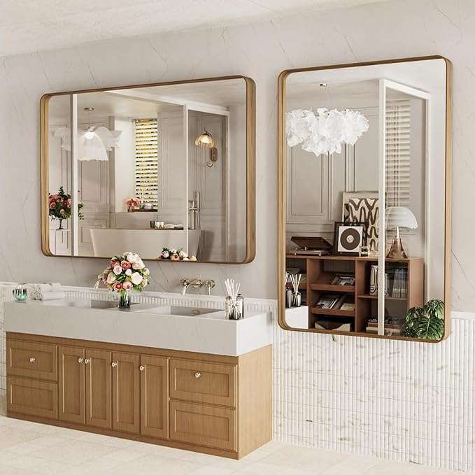 LOAAO 55X36 Inch Bathroom Mirror with Wood Grain Colored Metal Frame, Rounded Rectangle Metal Framed Bathroom Mirror, Anti-Rust, Hangs Horizontally or Vertically, Tempered Glass | Rounded Rectangle Metal Framed, Anti-Rust, Hangs Horizontally or Vertica...