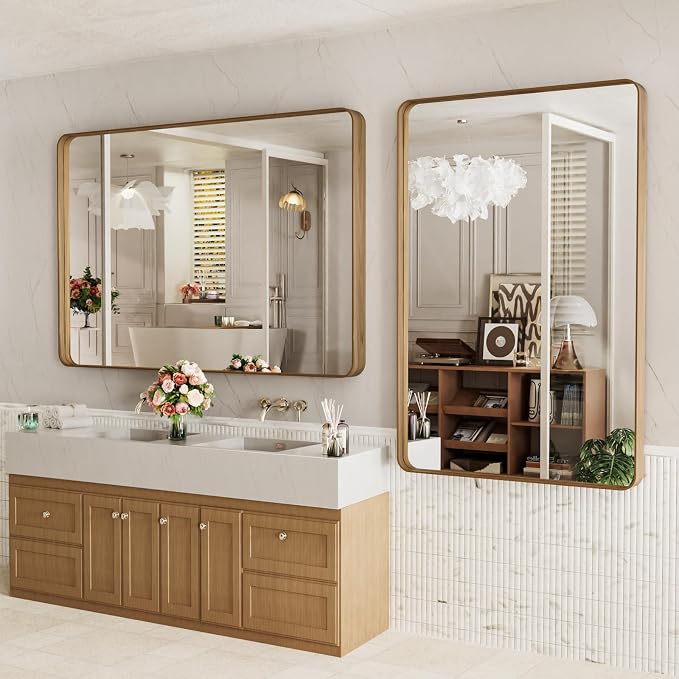 LOAAO 55X30 Inch Bathroom Mirror with Wood Grain Colored Metal Frame | Rounded Rectangle Metal Framed, Anti-Rust, Hangs Horizontally or Vertically, Tempered Glass