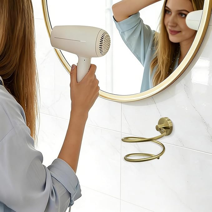 Hair Dryer Holder Wall Mounted, 304 Stainless Steel Hair Tool Organizer with Copper Base, Spiral Blow Dryer Rack for Bathroom-Brushed Gold