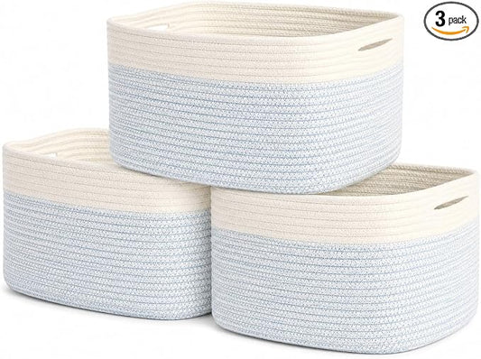OrganiHaus Blue Cotton Rope Baskets for Shelves, Set of 3 - 15"×10"×9½" - Colorful Storage Baskets for Kids - Nursery, Playroom, Classroom - Toy Storage, Books, Towels