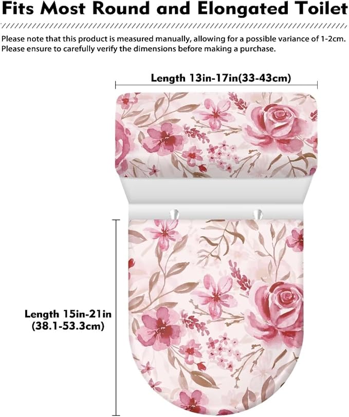 Pink Rose Toilet Tank Cover for Bathroom Romantic Toilet Lid Cover Set 2 Oval Bathroom Set for Valentine's Day