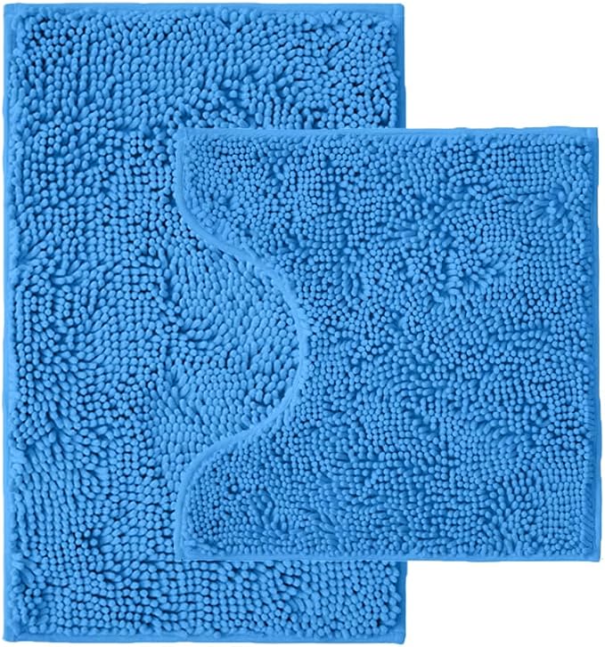 Bathroom Rugs Sets 2 Piece,Super Absorbent Chenille Bath Mats and U-Shaped Toilet Rug,Strong PVC Non Slip Backing,Microfiber Washable Dry Quickly Bath Mats for Bathroom(20"x32"+20"x20"U, Calm Blue)