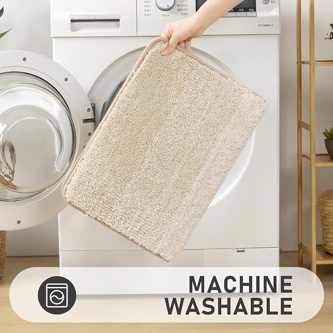 Bsmathom Bathroom Rug Set 4 Piece, Plush Microfiber Bath Mat, Light Beige | Extra Water Absorbent, Non Slip Washable Runner Bath Rugs with Toilet Lid Cover and U-shaped Contour Toilet Mat
