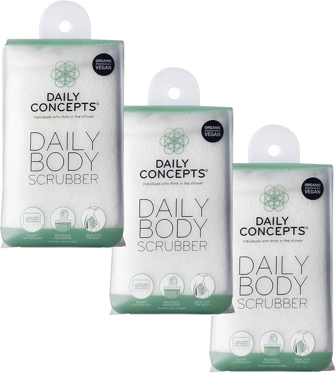 DAILY CONCEPTS Daily Body Scrubber, Soy-Based and Organic Cotton. The Bath Sponge Deeply Cleanses The Skin and Creates A Rich Foamy Lather. The Outer Texture Provides A Gentle Exfoliation - Pack of 3