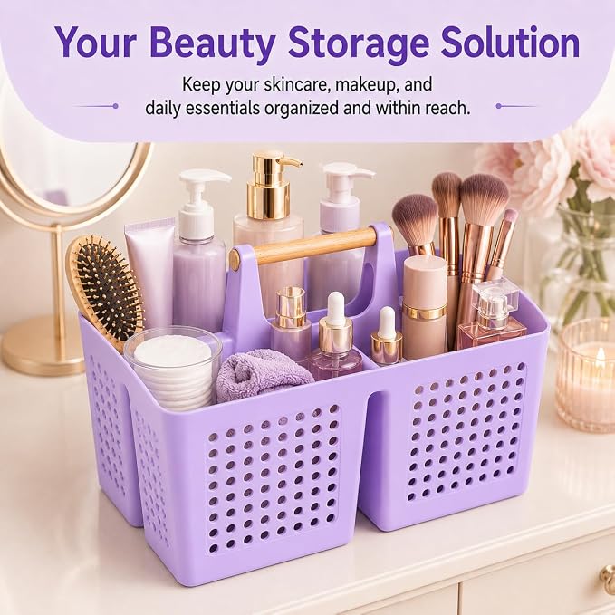 Portable Shower Caddy Basket with Wood Handle, 3-Compartment Bathroom Organizer Tote with Drain Holes, Plastic Shower Basket for Dorm, Toiletries, Cleaning Supplies, Purple