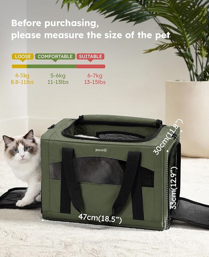 Pecute Cat Carrier Stable, Pet Carrier with Privacy Partition,Green | Safe For Car Travel, Stable Steel Frame, Soft-Sided Pet Carrier Bag For Dogs And Cats Up To 15lbs, Foldable Design,XL.