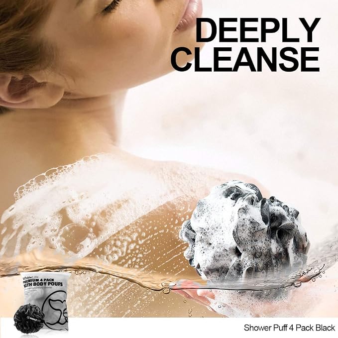 WhaleLife Bath Loofah Sponge for Shower - Body Scrubber 4-Pack Black | 10X Suds Save Body Wash Double Knotted Anti Tear Core Fast Dry Cotton Loop Stay Fresh Large Mesh for Sensitive Skin