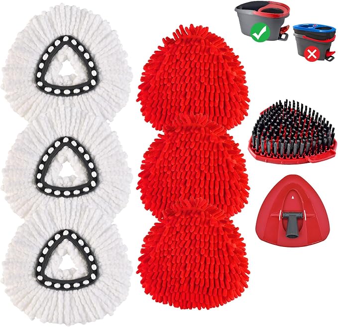 Mop Replacements Heads for OCedar EasyWring, 3 Microfiber Head Refills and 3 Chenille Pads,1 Scrub Brush, and 1 Base