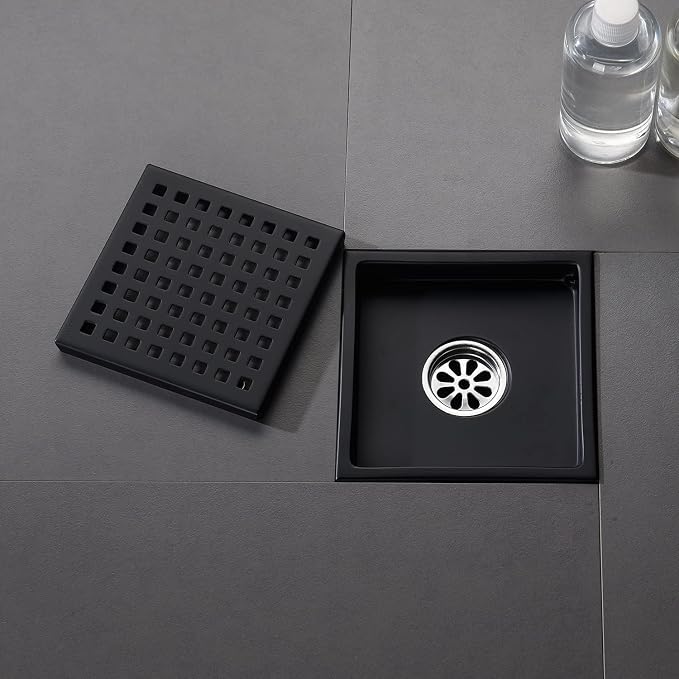 6 Inch Shower Drain Brushed Nickel Square with Adjustable Shower Drain Base Flange SUS304 Stainless Steel Floor Drain Cover Removable Mesh Grille