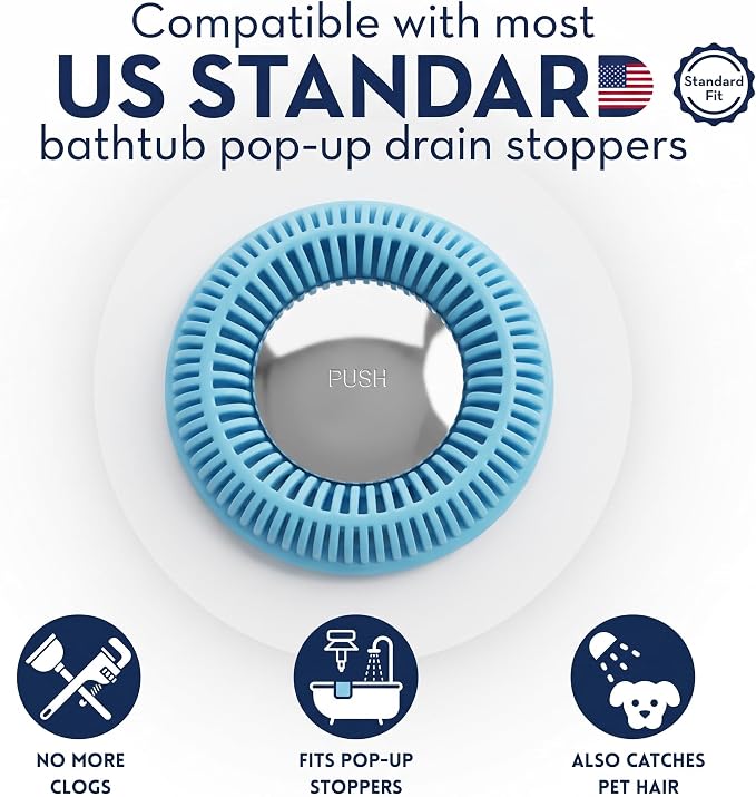 TubRing Pop-Up Drain Protector & Strainer Silicone Hair Catcher, Aqua | Easy snap-in design fits around bathtub stoppers. Customizable utility guard for clog prevention. Fits 1.85"- 2.16" drains.
