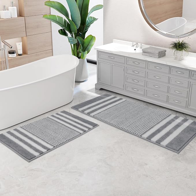 Bathroom Rugs Sets 2 Piece, Non Slip Striped Bath Mats, Light Grey | 20"x47" Plus 20"x32"，Soft Absorbent Chenille, Quick Dry Machine Washable, Shower Rug for Bathroom Floor, Tub, Bedroom Decor