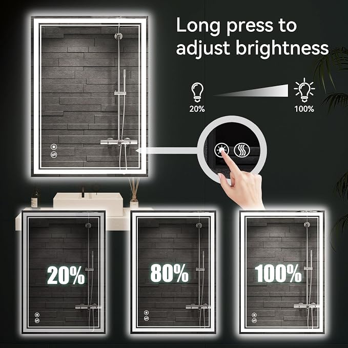 28 x 36'' Bathroom Mirror with Lights, Anti-Fog, Fogless | Dimmable 3 Colors Bathroom Mirror, Touch Sensor, Smart Vanity Mirror, Switch/Plug in Wall Mounted, Horizontal/Vertical