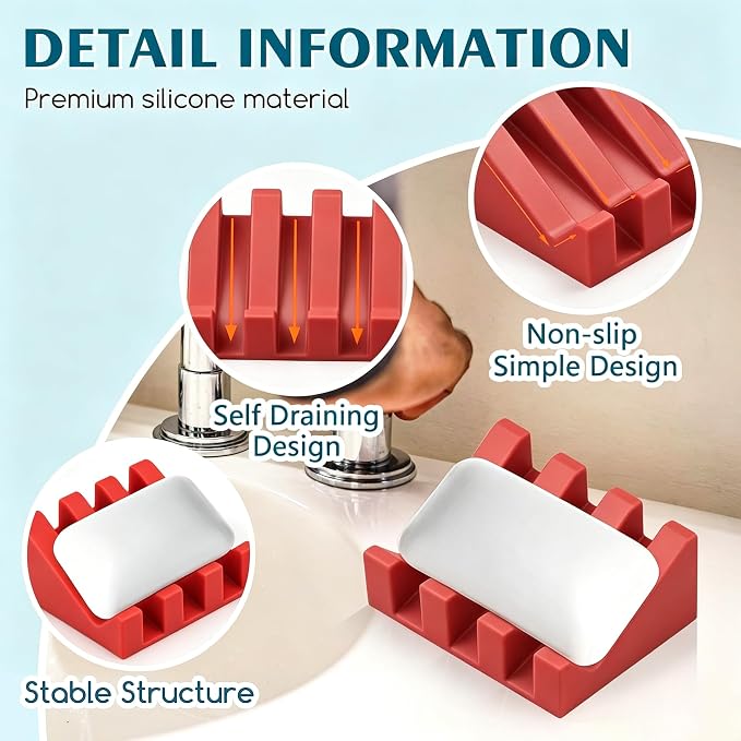 Silicone Soap Dish Self Draining with Suction Cups (Red,1 Pack) | Waterfall drainage design drains fast to keep soap dry silicone soap saver with reusable suction cups for bathroom & kitchen