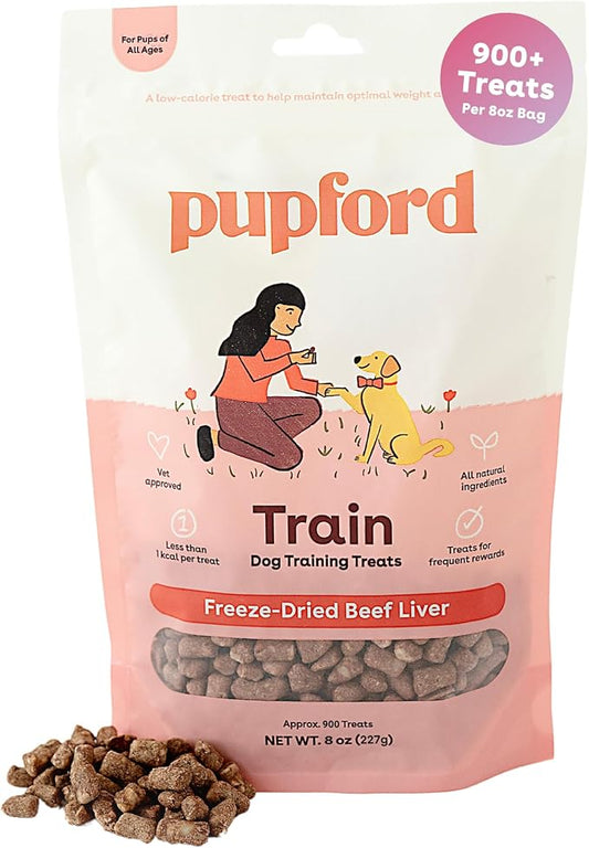 Pupford Freeze Dried Training Treats for Dogs & Puppies (Beef Liver, 8 oz) | 900+ treats per bag, Ultra low-calorie, Only 3 ingredients, All breed sizes, Mess free and bite sized, Trainer recommended