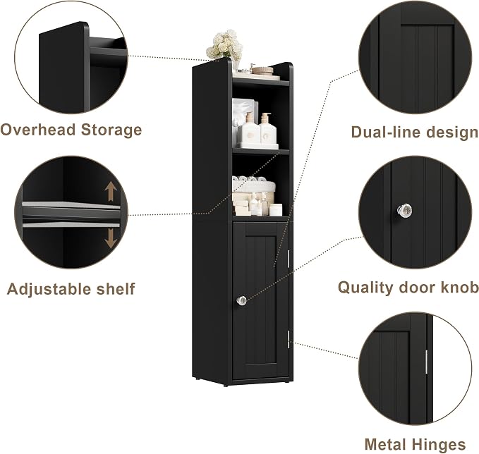 ChooChoo Small Bathroom Storage Cabinet, 7.1“W * 7.9”D Corner Floor Cabinet with Door and Adjustable Shelf, Narrow Toilet Paper Cabinets, Slim Bathroom Organizers for Small Spaces and Bathroom, Black
