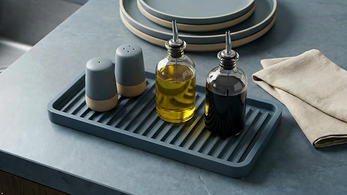 Silicone Sink and Surface Organizer Tray, Sponge Holder, Vanity Tray, Trivet | Heat Safe, Dishwasher Safe, for Bathroom and Kitchen Organization (Smoky Blue, 10"x5.25")