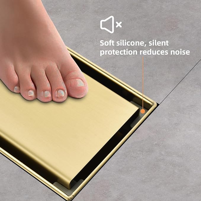 Linear Shower Drain ，with Tile Insert Panels ，28 Inch Brushed Gold 304 Stainless Steel Rectangle Shower Floor Drain，with Hair Catcher, Adjustable Feet