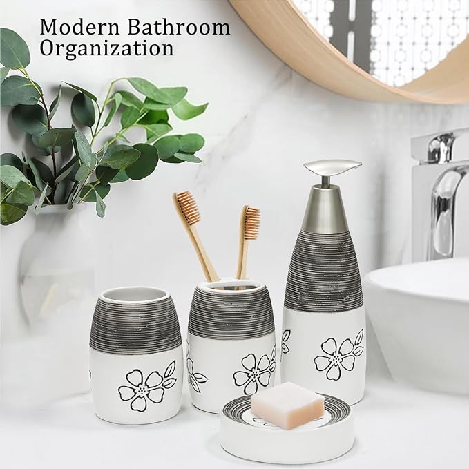 CERBIOR Bathroom Accessories Set,4 PCS Ceramic Bath Accessory,White Flower | Includes Toothbrush Holder, Toothbrush Cup, Soap Dish for Decorative Countertop and Housewarming Gift