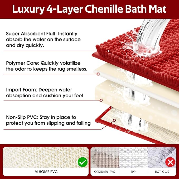 ACCUMTEK Christmas Striped Red Ultra Soft Bathroom Rugs and Mats Set 3 Pieces Bath Mat Set, Thick Chenille Bath Rugs Non Slip Bath Mats for Bathroom, Kitchen, Burgundy