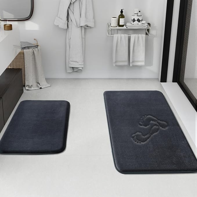 Bathroom Rugs Sets 2 Piece, Non-Slip & Quick Dry Bath Mat Set, Ultra Soft Velvet Bath Rugs for Bathroom, Toilet and Shower Floor, Dark Grey
