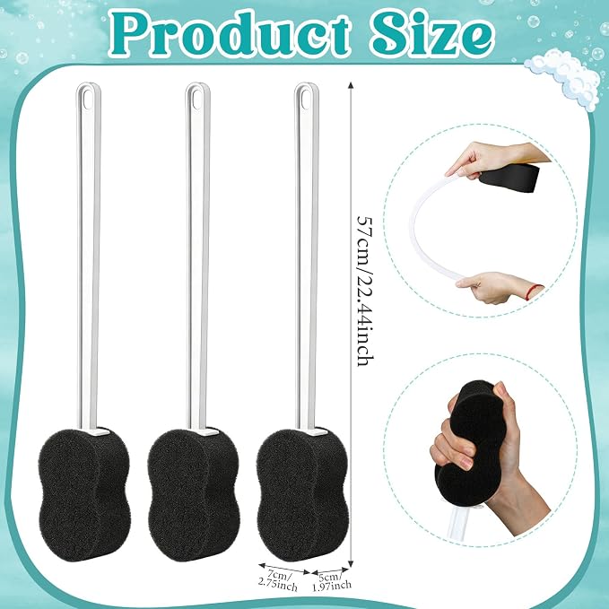 3 Pcs Long Handle Bath Sponge 22.4'' Back Sponge on a Stick Lightweight Back Washer Handled Butt Scrubber Shower Brush for Foot Body Cleaning Bathing Limited Motion (Black)
