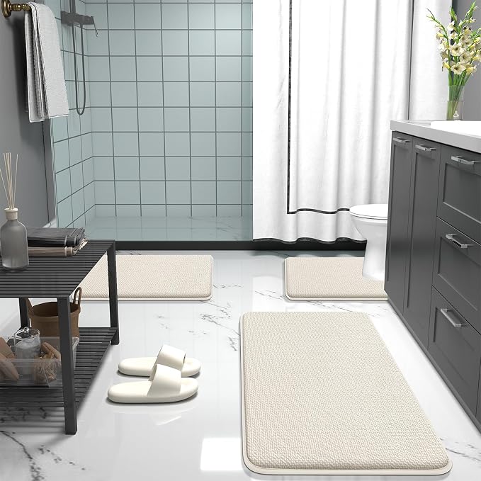 OLANLY Memory Foam Bathroom Runner Rugs 47x17, Absorbent Long Mat, Ivory | Soft Quick Dry Bath Rugs, Non-Slip Carpet, Machine Washable Mat for Bathroom Floor, Tub and Shower, Home Decor Accessories