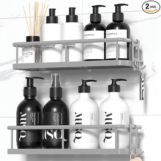 Shower Caddy Adhesive, Rustproof Shower Organizer, Large Capacity Shower Shelves for Inside Shower, No Drilling Bathroom Organizers and Storage for Home Decor （2 Pack Grey）