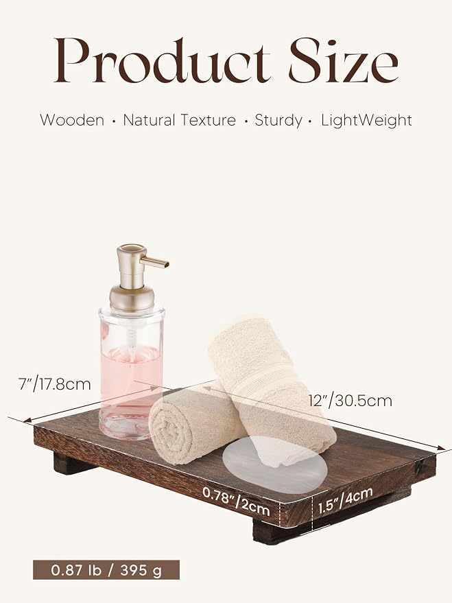 Wood Riser Pedestal Stand, 12 x 7'' Wood Riser for Kitchen Counter | Lightweight Rustic Farmhouse Wood Tray for Sink, Bathroom, Soap Dishes, Plant, Bottles, Candles Display, Brown