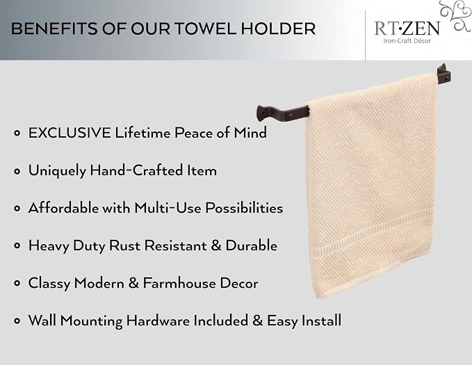 RTZEN Farmehouse Bathroom Towel Holder - Wrought Iron Matte Metal Black Towel Bar Wall Mount Rod - Handmade Home Decor Metal Kitchen Hanger Bar (17'' - Fits 14 Inch Towels)