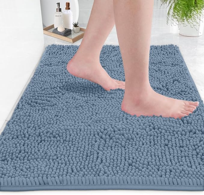 LuxUrux 3-Piece Bathroom Rug Set – Plush Chenille Bath Mats & U-Shaped Toilet Mat, Ultra-Soft, Absorbent & Non-Slip (20x20 U, 16x24 & 20x30 inches, Sky Blue)