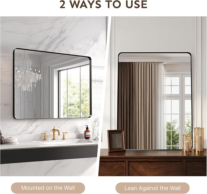 40"x30" Bathroom Vanity Mirror for Wall Aluminum Framed Farmhouse Rectangle | Anti-Rust, HD Reflection Anti-Desilvering, Distortion Free, Tempered and Shatter-Proof Wall Mounted Mirror, Black