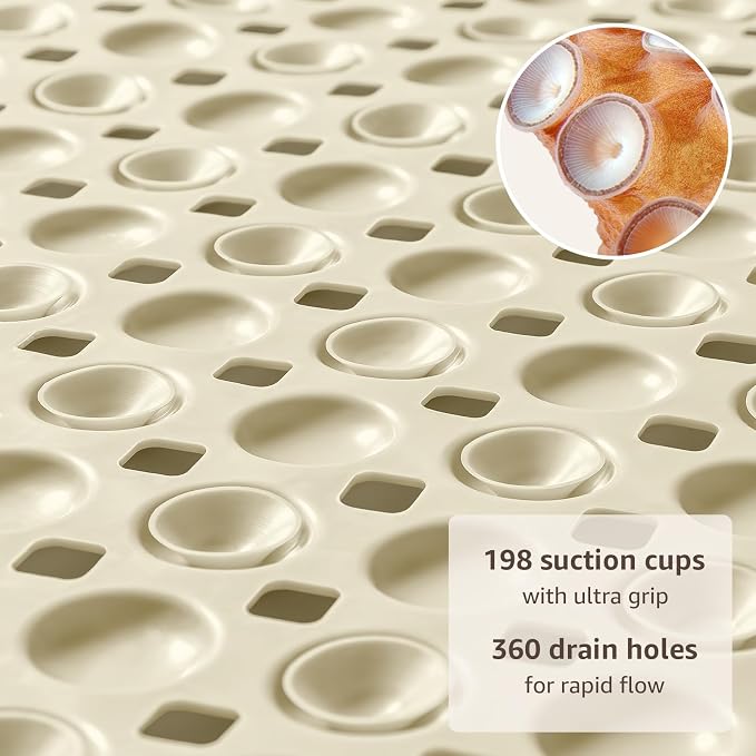 OTHWAY Bath Tub Shower Mat Non Slip, Bathtub Floor Liner Mats for Inside Shower Bathroom, Suction Cups and Drain Holes for Feet Scrubbing, Machine Washable, Soft on Feet, 35x16 Inch, Beige