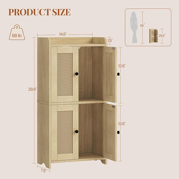 HEXCELEN Small Storage Cabinet, Bathroom Storage Cabinet with 4 Doors, Floor Bathroom Organizer Freestanding for Small Spaces, Living Room, Kitchen, Entryway (Streamlined American, Yellow)