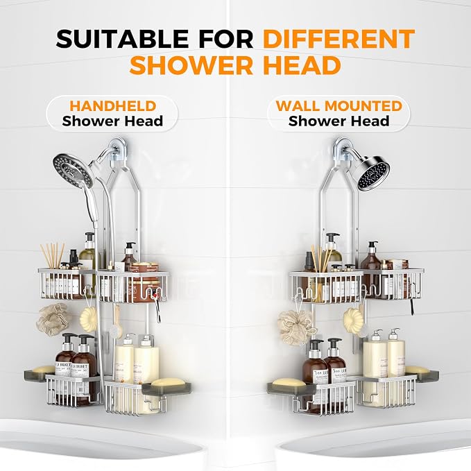 Adjustable Aluminum Shower Caddy Hanging for Handheld Showerhead, Silver | Rustproof Aluminum, Shower Organizer, Anti-Slip, Quick-Drain Shelf, 40lbs Capacity, Suction Cups, 8 Hooks, Razor Soap Holders