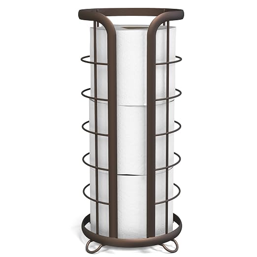 BROOKSTONE Toilet Paper Holder Stand Reserve - Free Standing Toilet Paper Stand with Storage that Holds Mega Rolls, Standing Bathroom Tissue Organizer, Bathroom Decor - Modern Storage Holder, Bronze