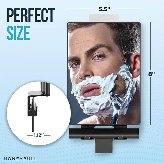HONEYBULL Fogless Shower Mirror for Shaving with Water Tank, Adhesive Mount | Built in Water Reservoir for Natural Fog Free Effect, Easy Installation, Bonus Squeegee, Razor Holder, 5.5" x 8" Mirror