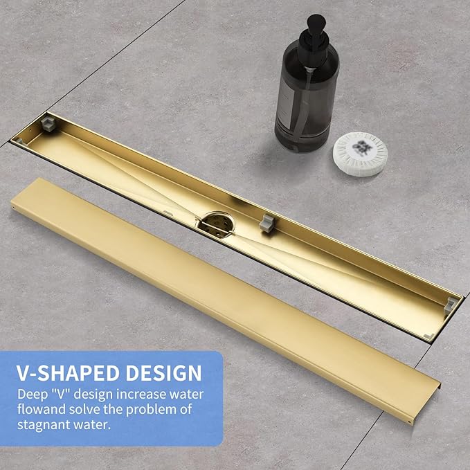 Linear Shower Drain ，with Tile Insert Panels ，12 Inch Brushed Gold 304 Stainless Steel Rectangle Shower Floor Drain，with Hair Catcher, Adjustable Feet