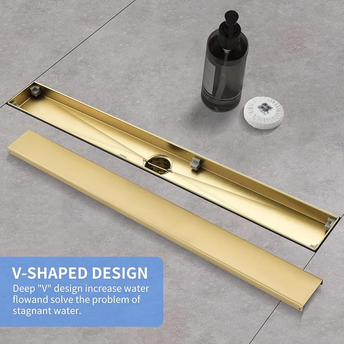 Linear Shower Drain ，with Tile Insert Panels ，32 Inch Brushed Gold 304 Stainless Steel Rectangle Shower Floor Drain，with Hair Catcher, Adjustable Feet
