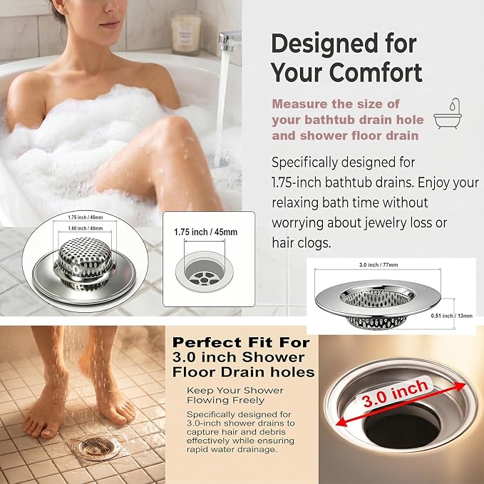 Seatery Bathtub Drain Strainers, Tub Drain Hair Catcher, Stainless Steel Bath Drain Cover Basket, Outer Diameter 3.0 inch/7.7cm, Inner Diameter 1.60 inch/4.0cm, Pack of 2