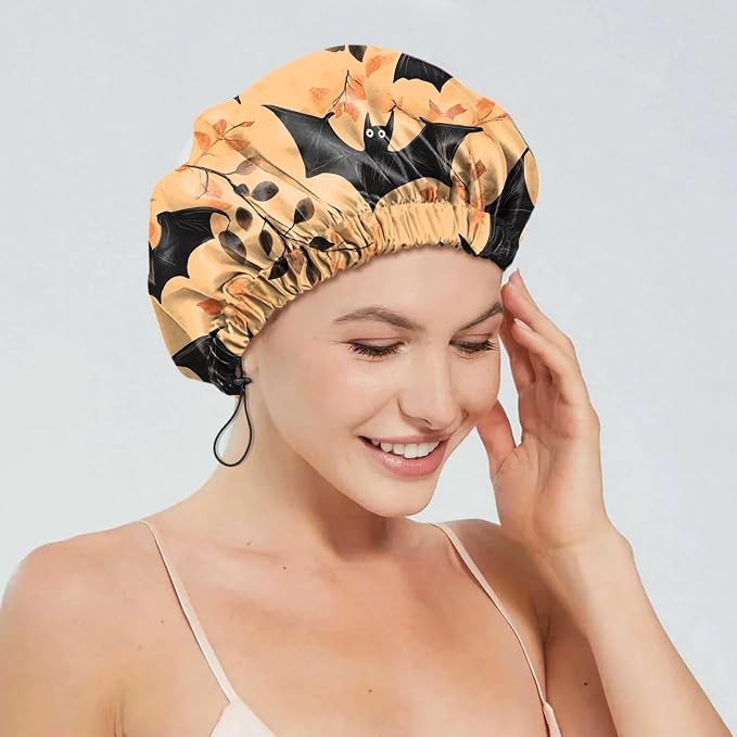 2 PCS Shower Cap Reusable Waterproof Double Layers Hair Caps Shower Bath Adjustable Elastic Hat for Women Girls Cute Aesthetic-Bat