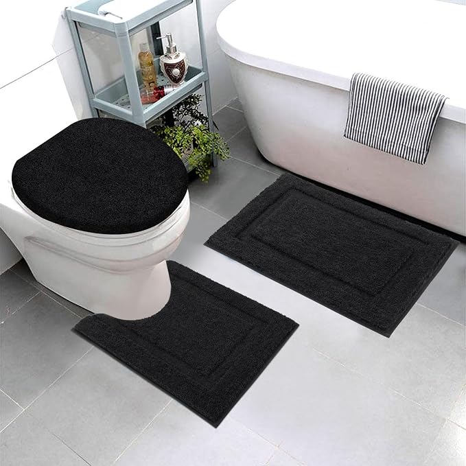 SHACOS 3 Piece Bathroom Rug Set with Toilet Lid Cover, Extra Soft Absorbent | Microfiber Bath Rugs 20"x32" and U-Shaped Toilet, Machine Washable Bath Mats for Bathroom Floor, Tub and Shower, Black