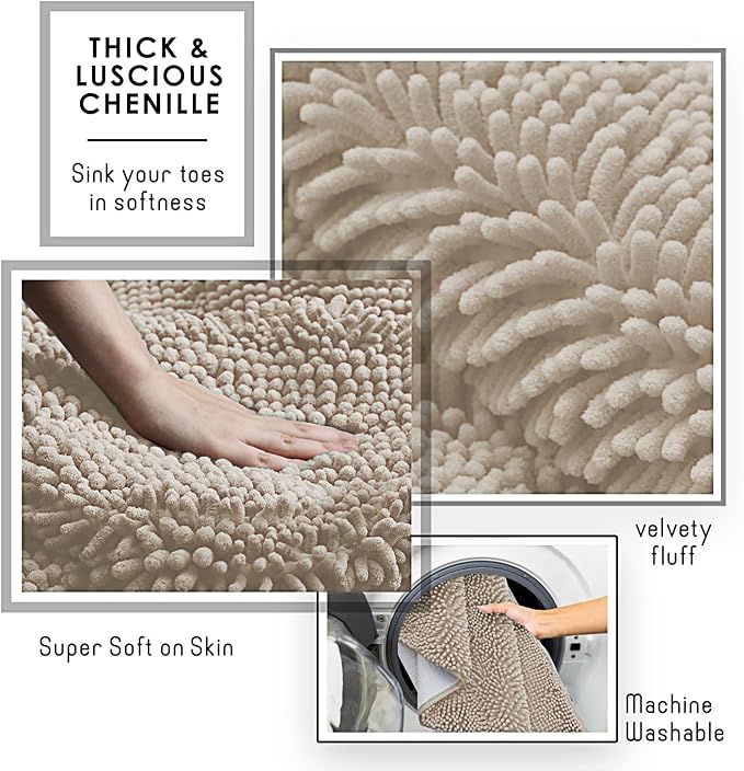 Hearth & Harbor Bathroom Rugs, Chenille Bath Mat - Machine Washable Bath Mats for Bathroom Non-Slip Backing Rubber, Quick Dry Bathroom Mat