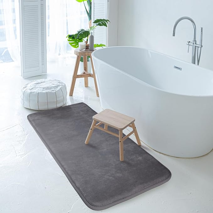 Grey Bathroom Rugs Memory Foam Bath Mat Runner Rug Set of 2 | Non Slip Washable Floor Mats Soft Absorbent Plush Microfiber Shower Tub Bathmat Gray